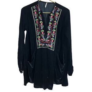Free People Always Forever Black Velvet Embroidered Tunic Dress Sz XS TP